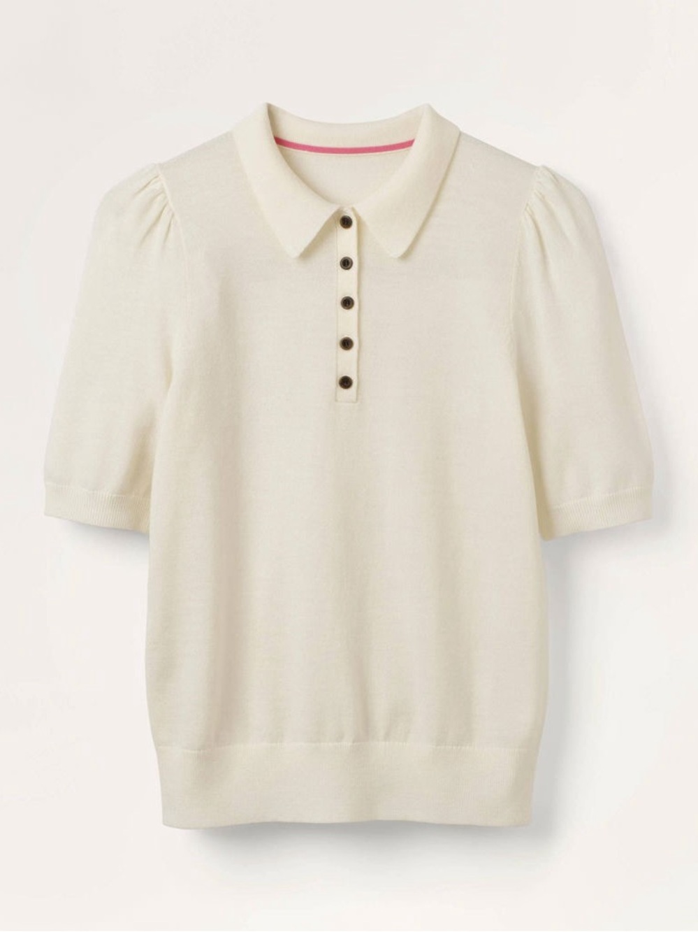 Boden Kemsley Merino Wool Cream Short-Sleeve Knit Sweater with Buttons